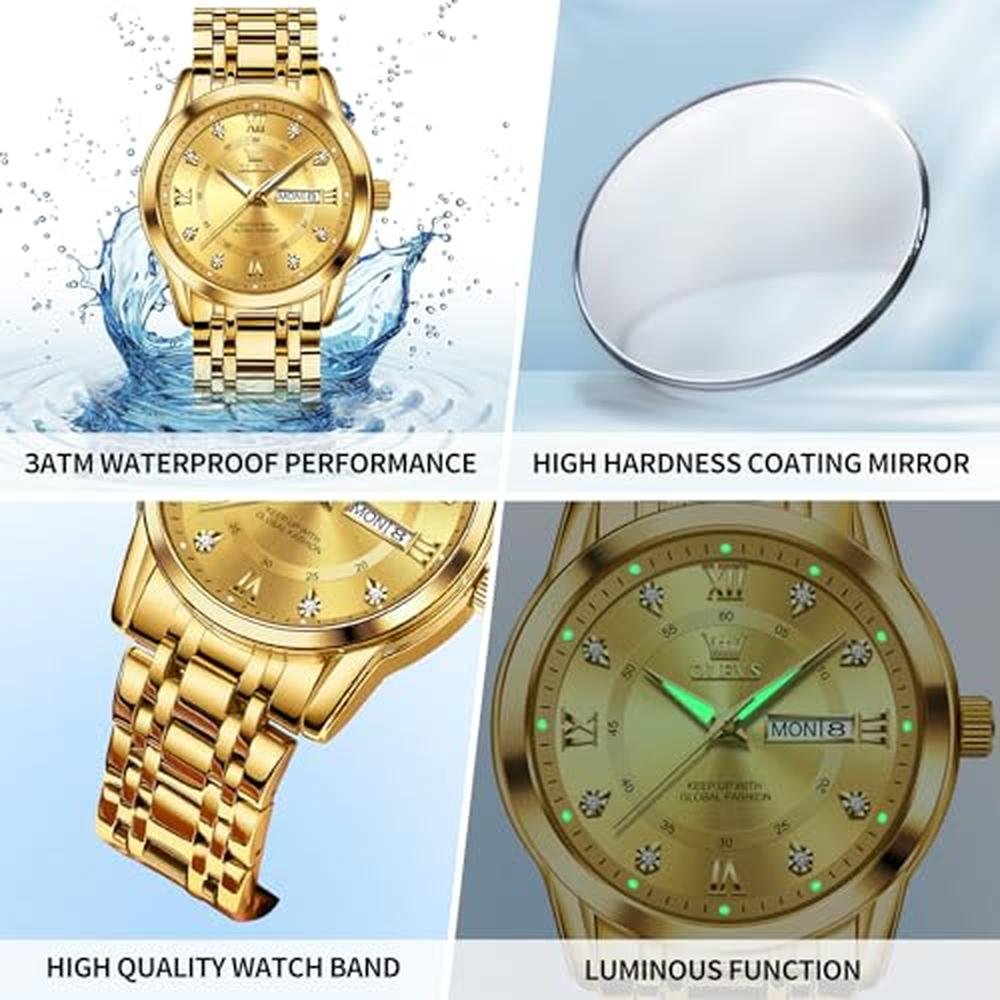 Gold Men Watches: Olevs Luxury Stainless Steel Man Watch – In Use