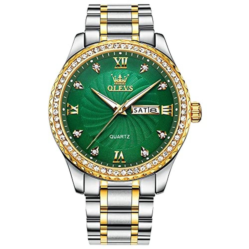 Watches Men: Olevs Green Quartz Big Dial Analog Wrist Watch – Front View
