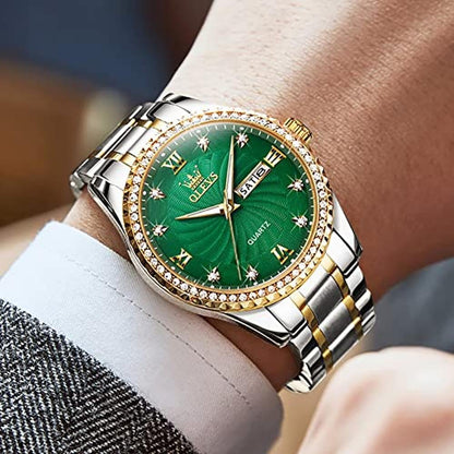 Watches Men: Olevs Green Quartz Big Dial Analog Wrist Watch – Side View
