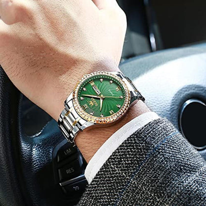 Watches Men: Olevs Green Quartz Big Dial Analog Wrist Watch – Close-up Detail