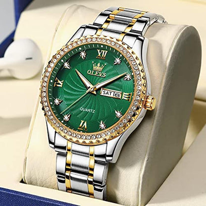 Watches Men: Olevs Green Quartz Big Dial Analog Wrist Watch – In Use