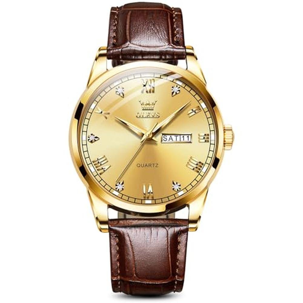 Men Watches: Olevs Gold Leather Day Date Watches – Front View