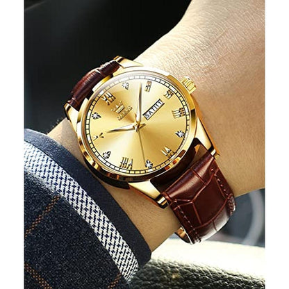 Men Watches: Olevs Gold Leather Day Date Watches – Side View