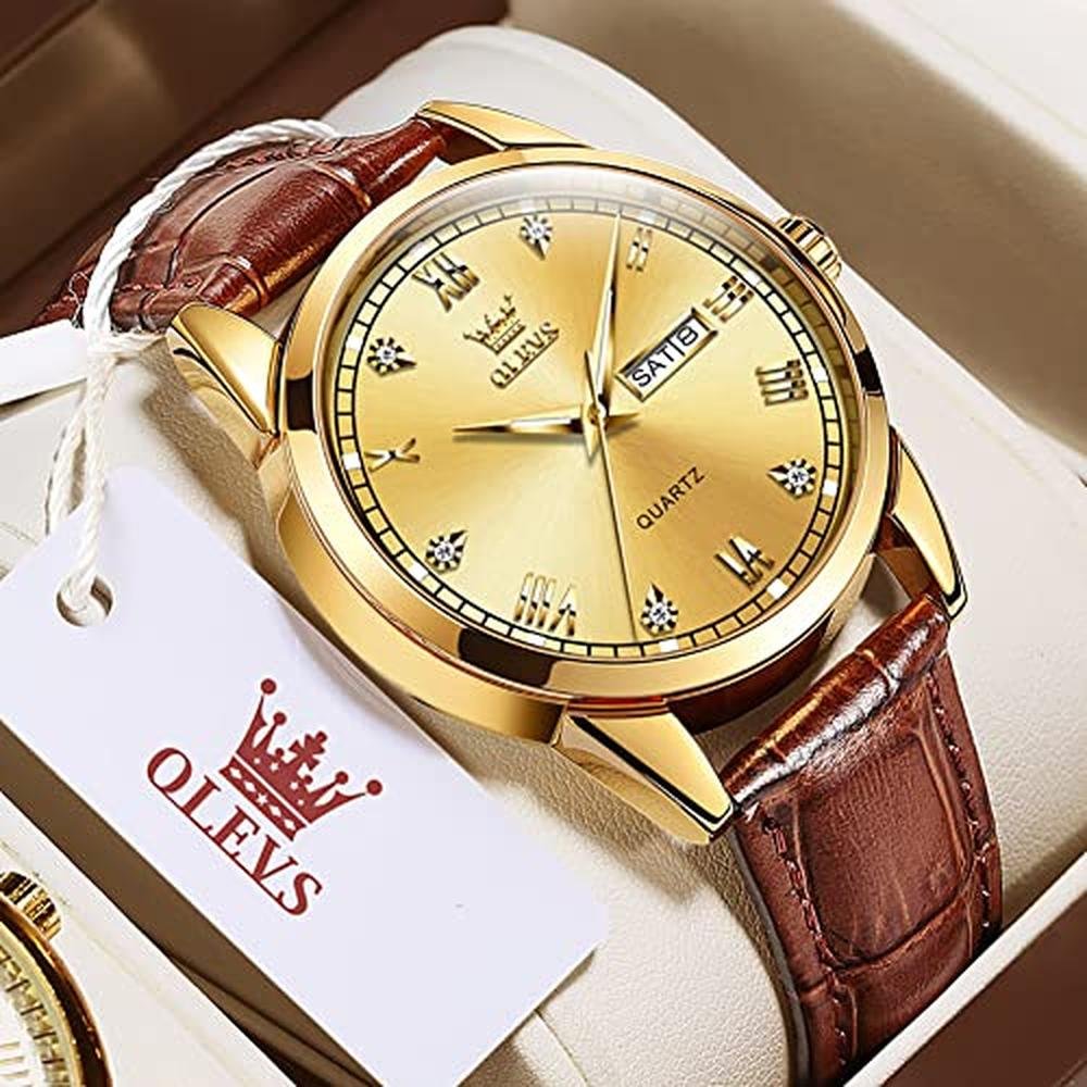 Men Watches: Olevs Gold Leather Day Date Watches – Close-up Detail