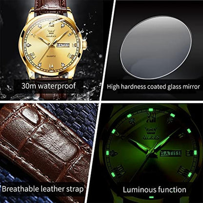 Men Watches: Olevs Gold Leather Day Date Watches – In Use