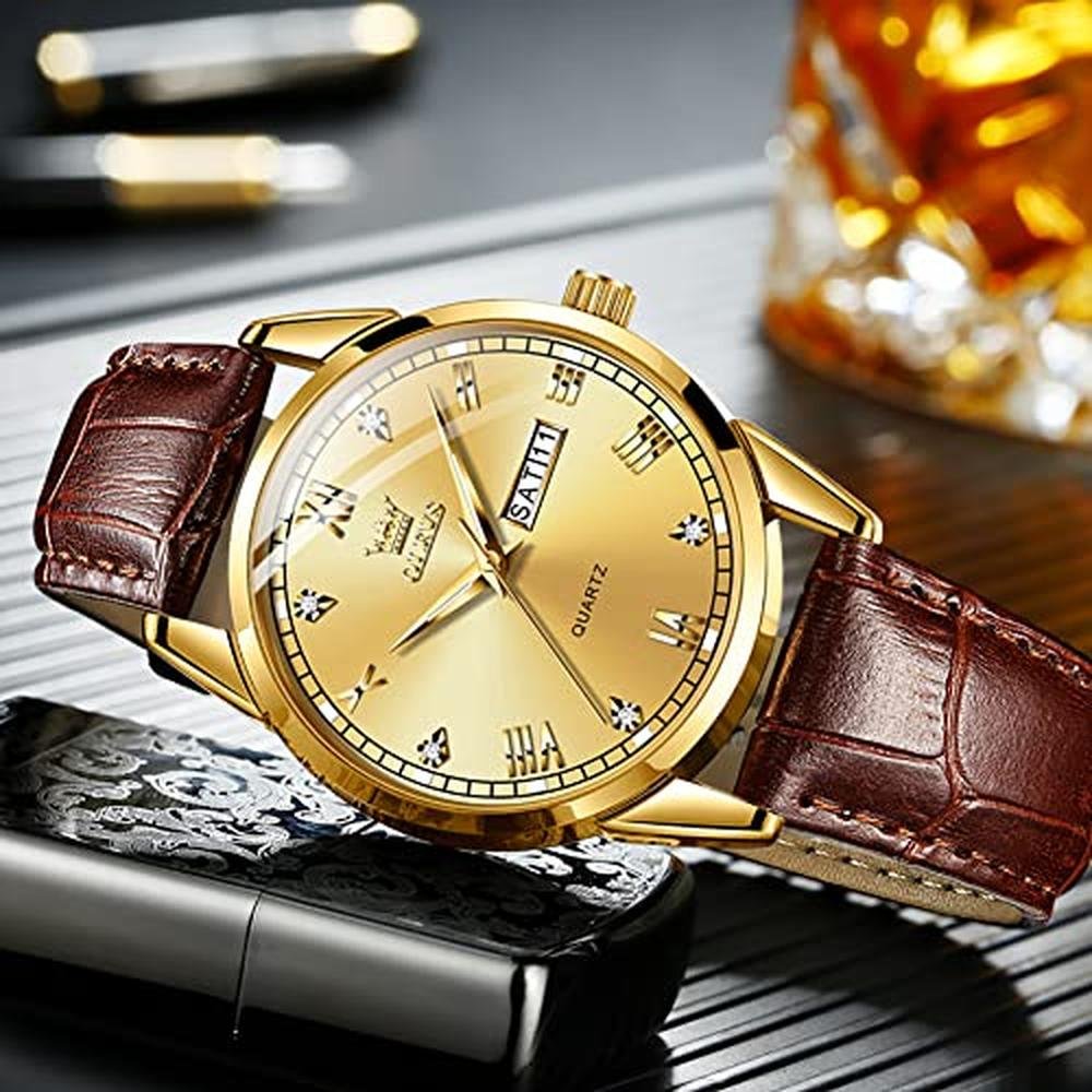 Men Watches: Olevs Gold Leather Day Date Watches – Packaging