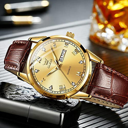 Men Watches: Olevs Gold Leather Day Date Watches – Packaging
