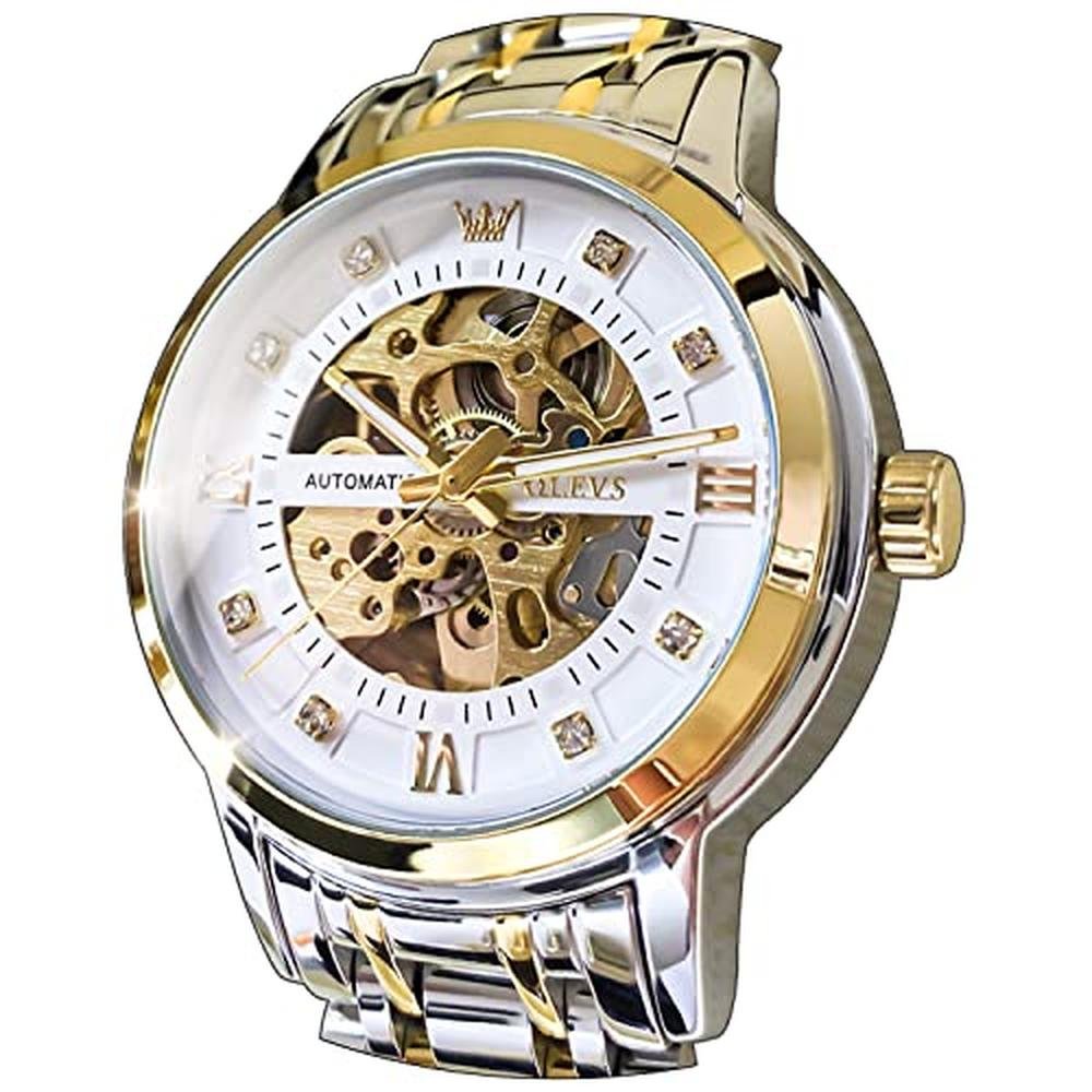Olevs Mens: Silver Skeleton Watch Automatic Mechanical – Front View