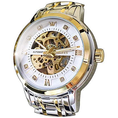 Olevs Mens: Silver Skeleton Watch Automatic Mechanical – Front View