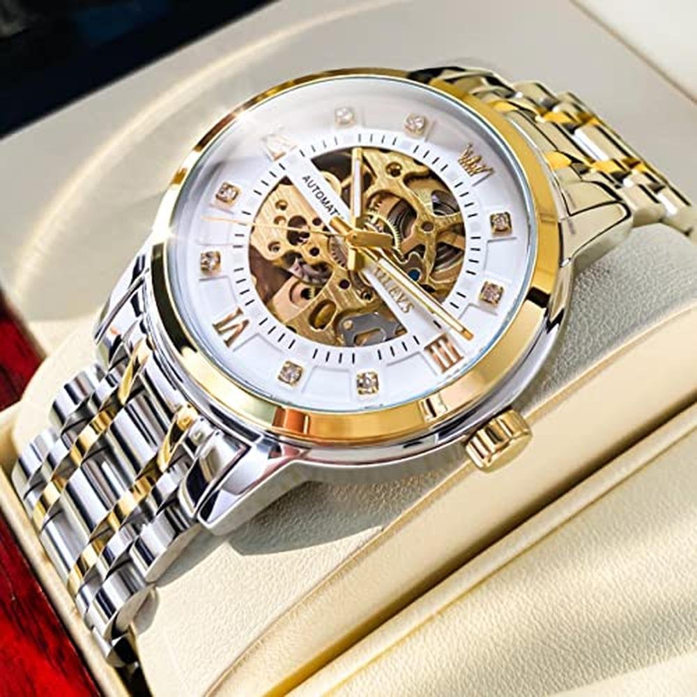 Olevs Mens: Silver Skeleton Watch Automatic Mechanical – Side View