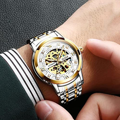 Olevs Mens: Silver Skeleton Watch Automatic Mechanical – Close-up Detail
