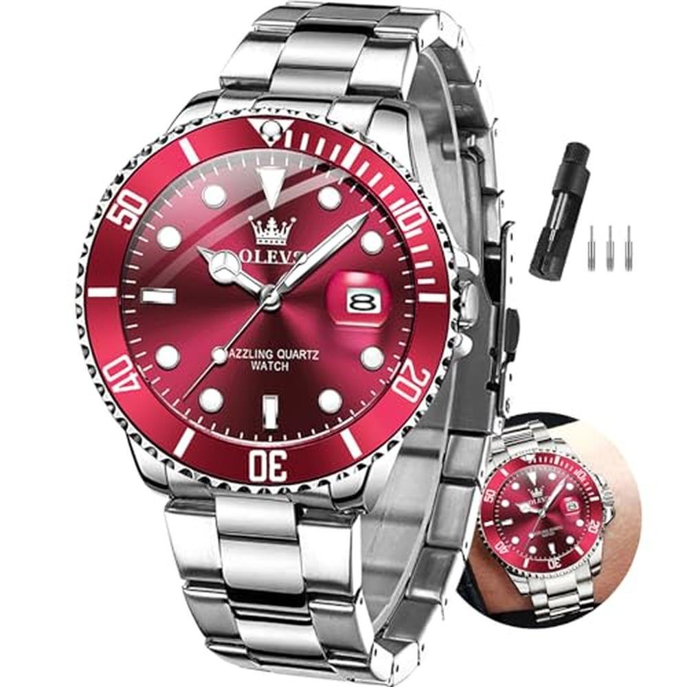 Mens Watches: OLEVS Red Face Business Dress Watch – Front View