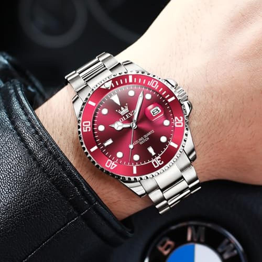 Mens Watches: OLEVS Red Face Business Dress Watch – Side View