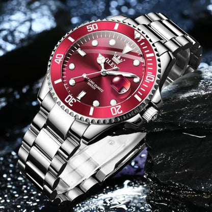 Mens Watches: OLEVS Red Face Business Dress Watch – Close-up Detail