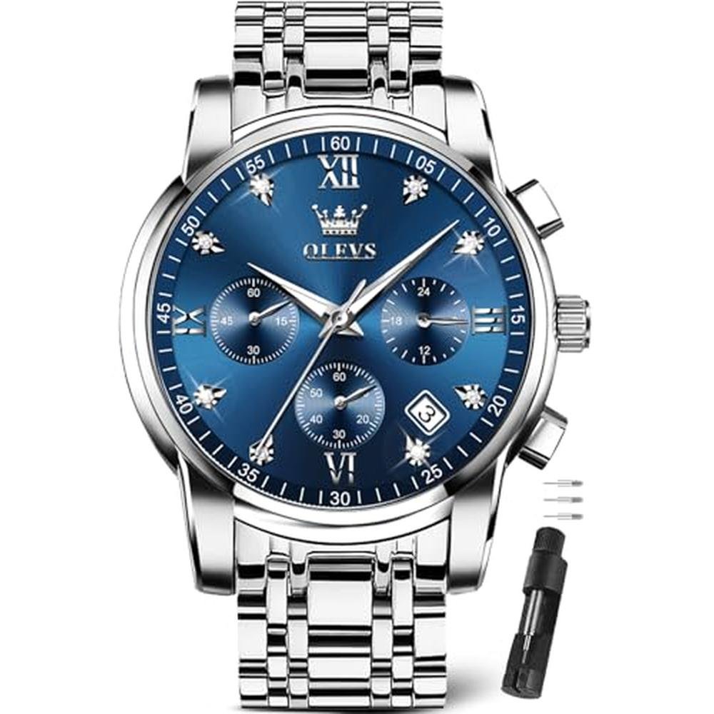 Watch Silver: OLEVS Mens Waterproof Big Silver Blue Dial – Front View