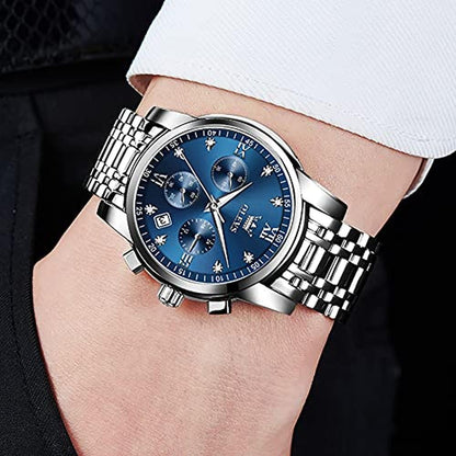 Watch Silver: OLEVS Mens Waterproof Big Silver Blue Dial – Side View