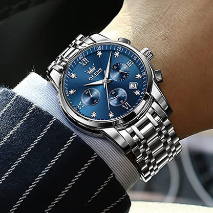 Watch Silver: OLEVS Mens Waterproof Big Silver Blue Dial – In Use