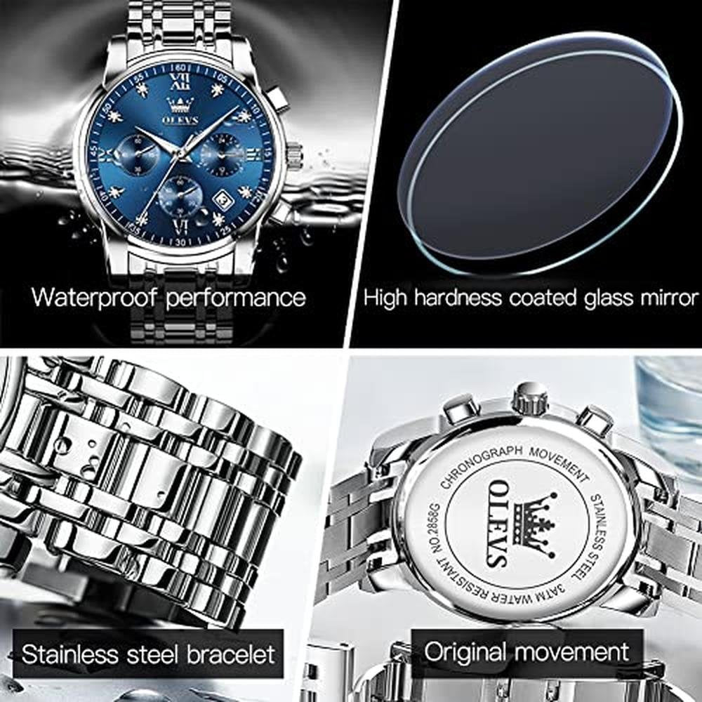 Watch Silver: OLEVS Mens Waterproof Big Silver Blue Dial – Packaging