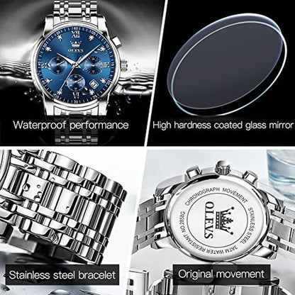 Watch Silver: OLEVS Mens Waterproof Big Silver Blue Dial – Packaging