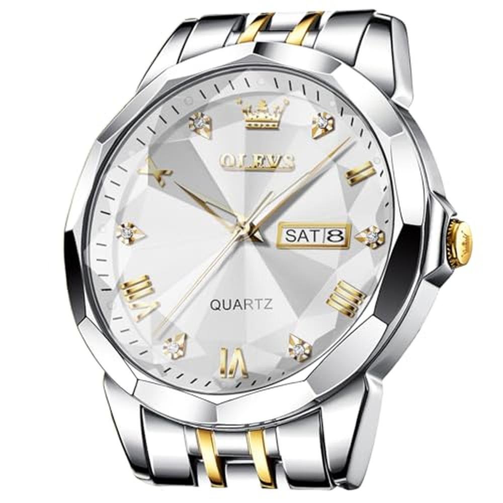 Watches Men: Olevs Silver Gold Waterproof Diamond Business – Front View