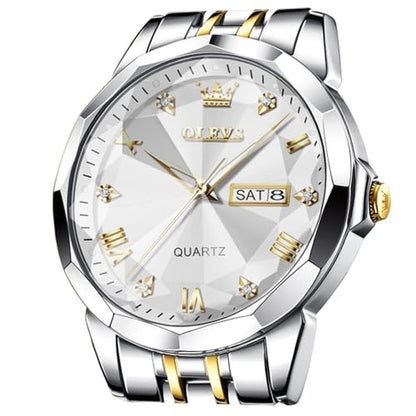 Watches Men: Olevs Silver Gold Waterproof Diamond Business – Front View