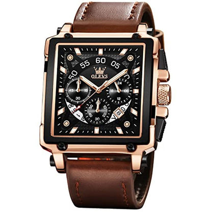 Watches OLEVS: OLEVS Square Brown Leather Chronograph – Front View