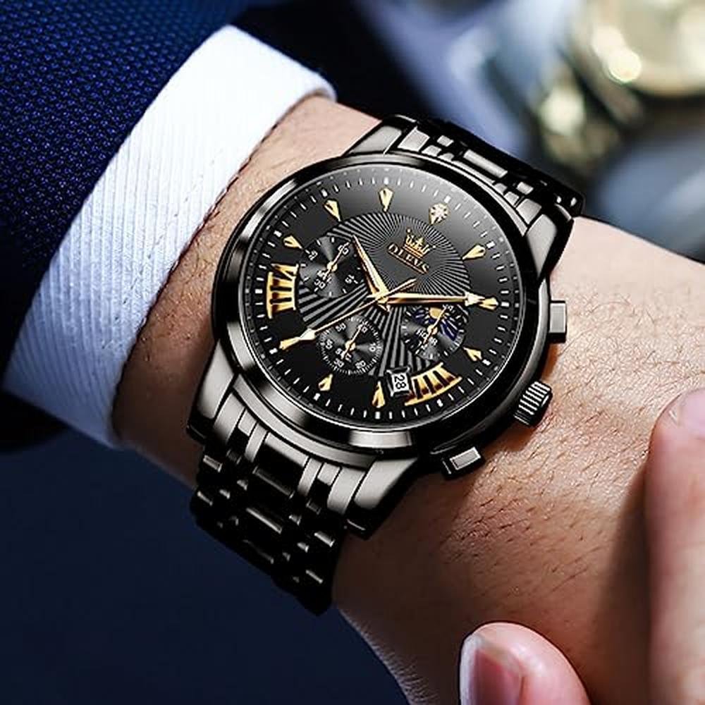 Men Watch: OLEVS Chronograph Stainless Steel Big Face – Side View