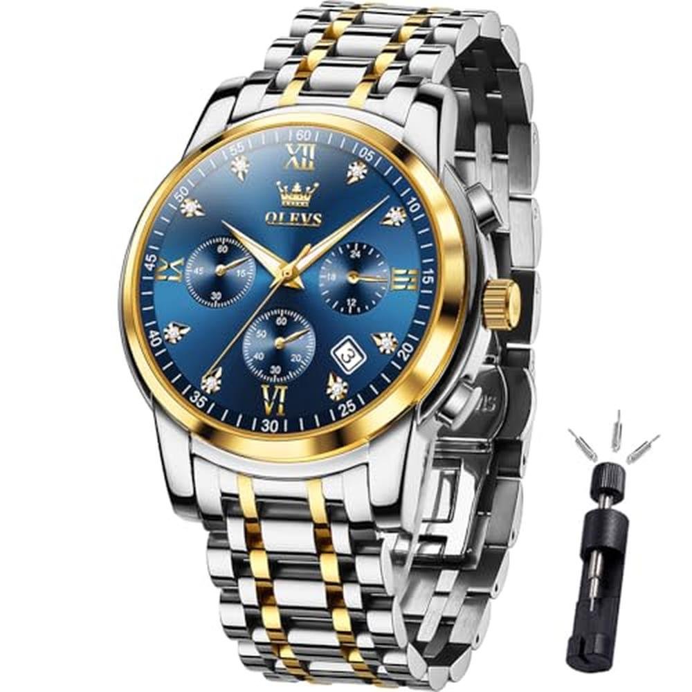 Watch Men: OLEVS Silver Stainless Steel Blue and Gold Mens – Front View