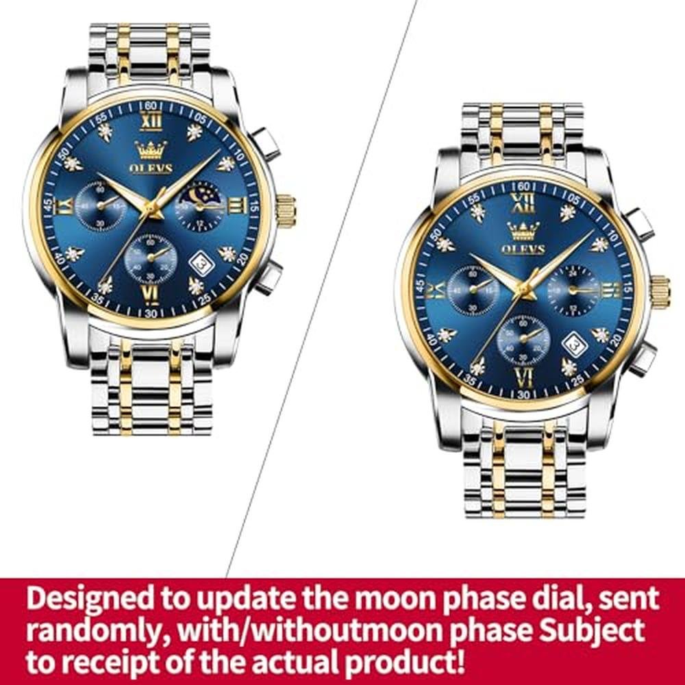 Watch Men: OLEVS Silver Stainless Steel Blue and Gold Mens – Side View