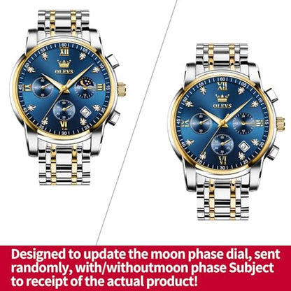 Watch Men: OLEVS Silver Stainless Steel Blue and Gold Mens – Side View