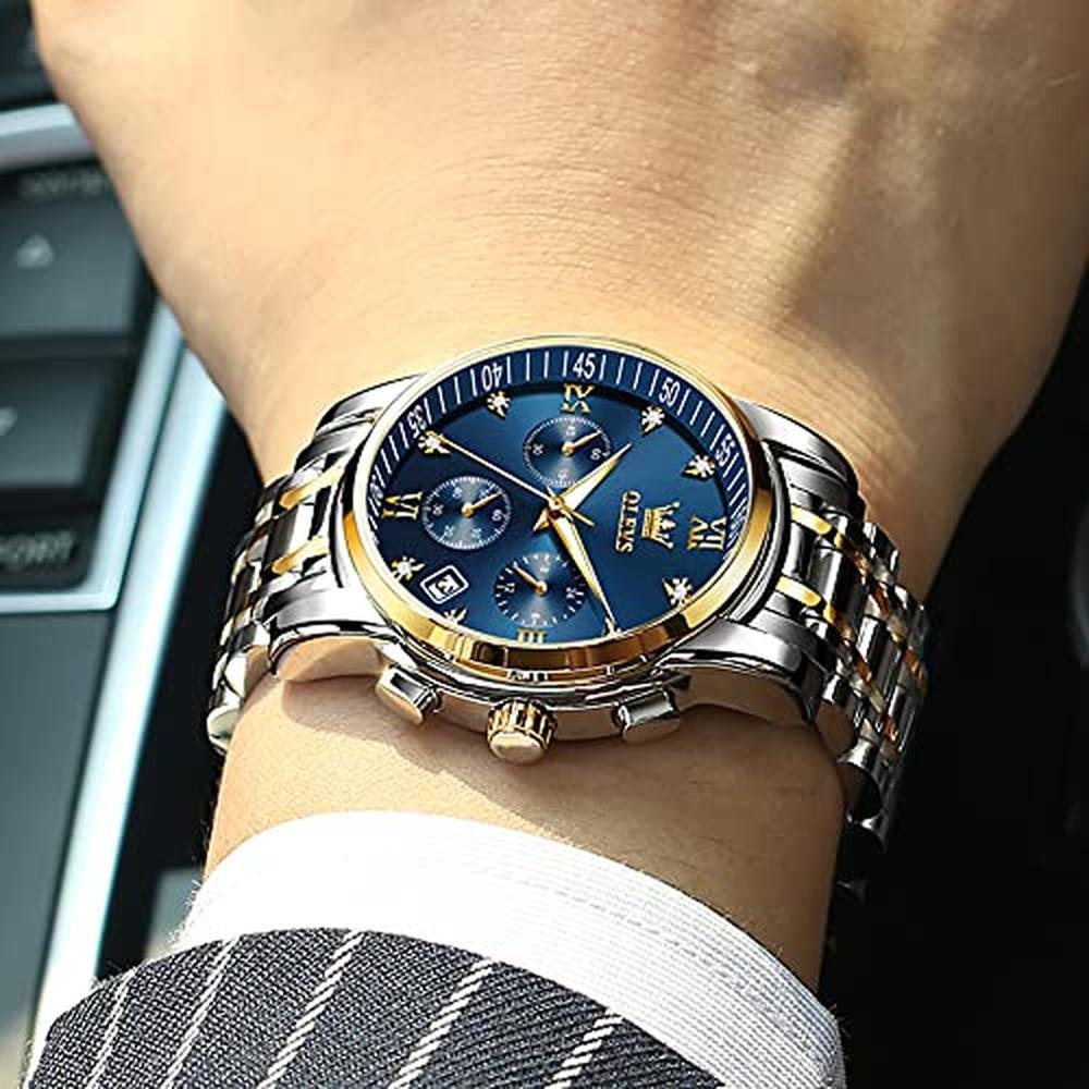 Watch Men: OLEVS Silver Stainless Steel Blue and Gold Mens – Close-up Detail