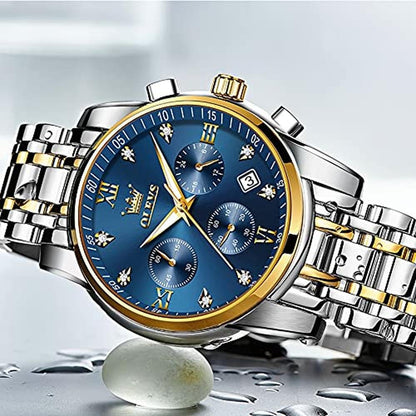 Watch Men: OLEVS Silver Stainless Steel Blue and Gold Mens – In Use