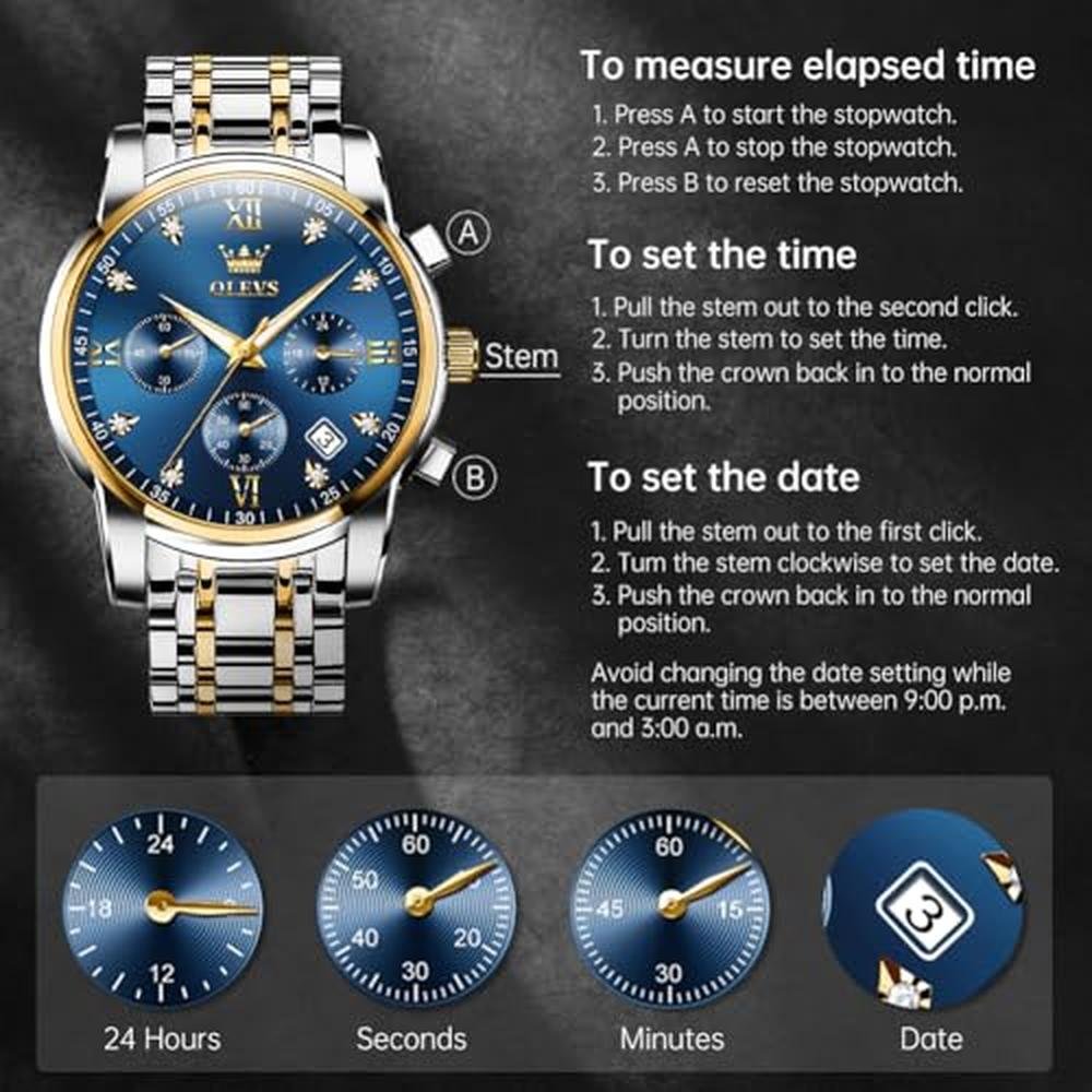 Watch Men: OLEVS Silver Stainless Steel Blue and Gold Mens – Packaging