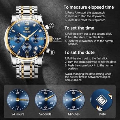 Watch Men: OLEVS Silver Stainless Steel Blue and Gold Mens – Packaging