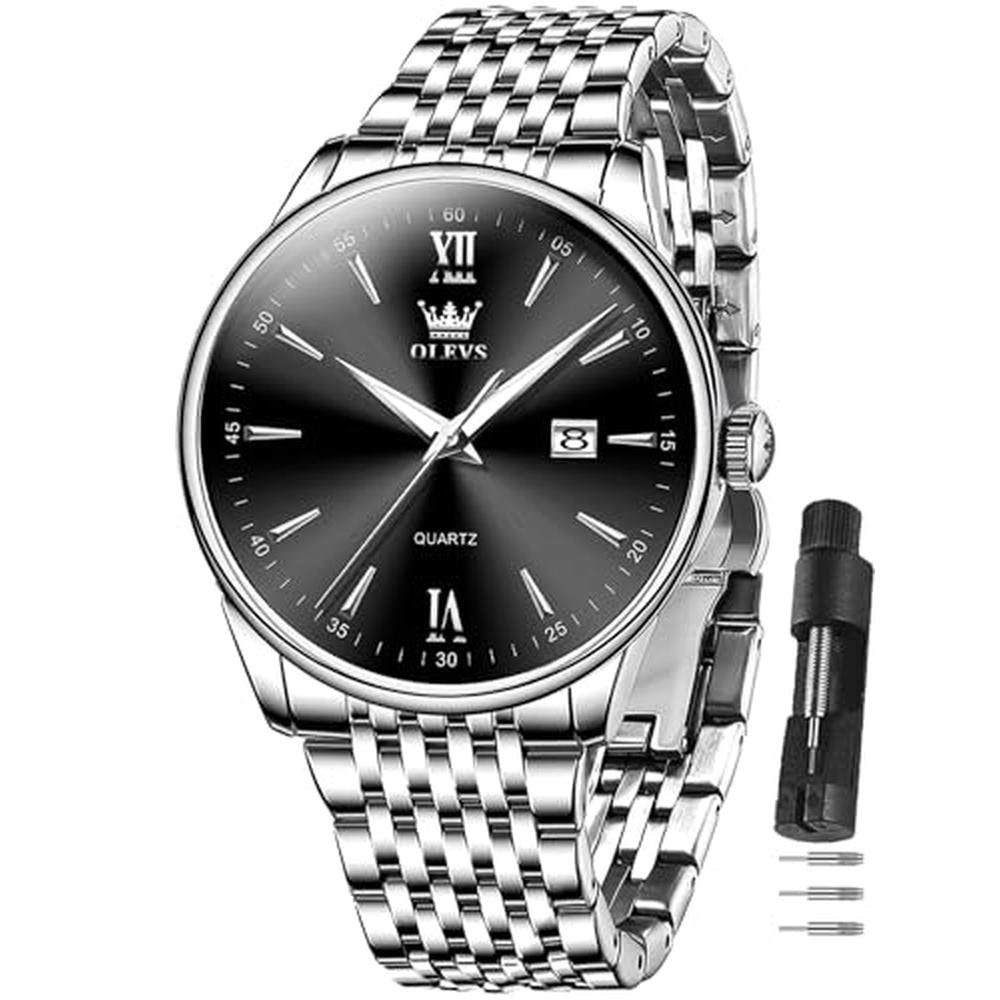 Men Watch: Olevs Silver Watches for Men Big Face Black and – Front View