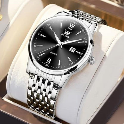 Men Watch: Olevs Silver Watches for Men Big Face Black and – Side View