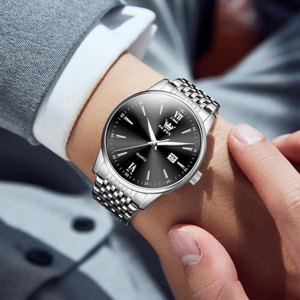 Men Watch: Olevs Silver Watches for Men Big Face Black and – Close-up Detail