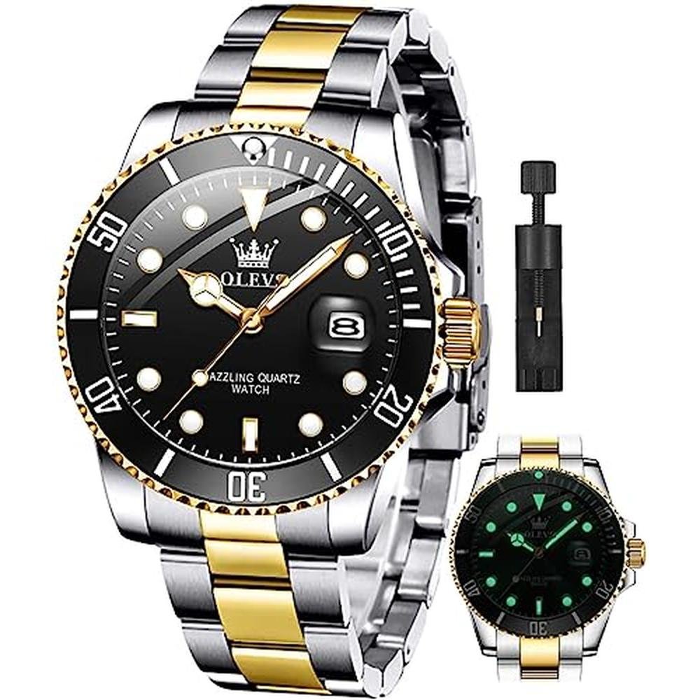 Watches Men: OLEVS Black Mens Dress Watch Analog Quartz – Front View