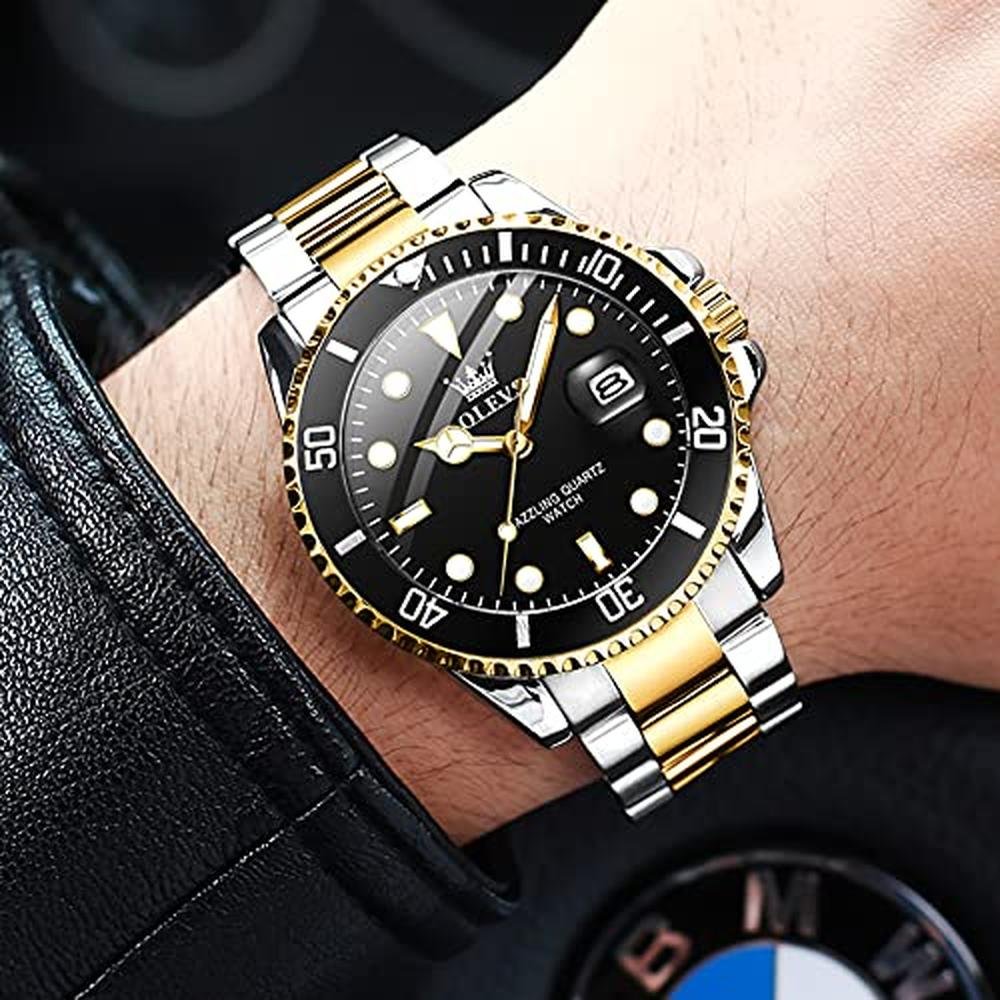 Watches Men: OLEVS Black Mens Dress Watch Analog Quartz – Close-up Detail