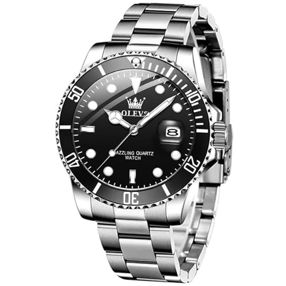 Men Watches: OLEVS Large Face Luxury Stainless Steel Silver – Front View