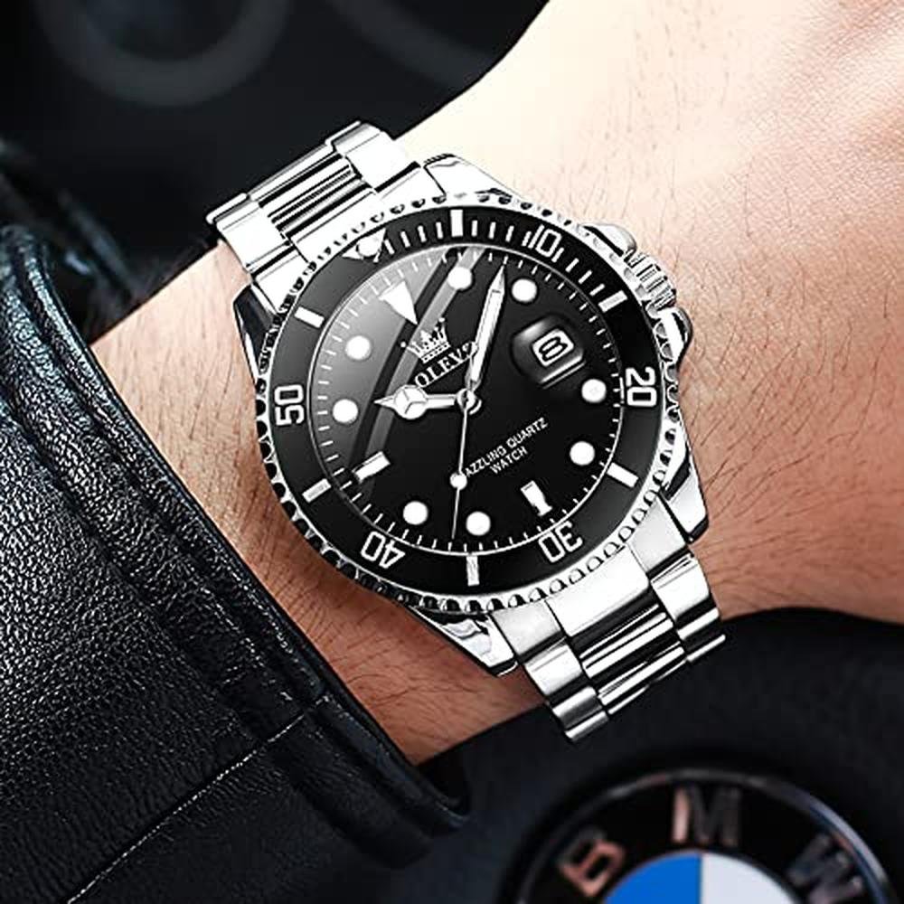 Men Watches: OLEVS Large Face Luxury Stainless Steel Silver – Close-up Detail