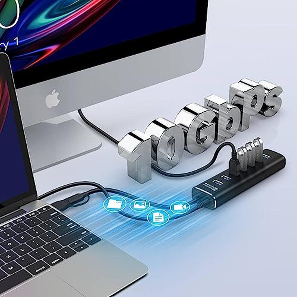 Powered USB Hub: Rosonway 7 Ports USB 3.1/3.2 Gen 2 – Side View