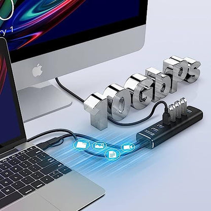 Powered USB Hub: Rosonway 7 Ports USB 3.1/3.2 Gen 2 – Side View