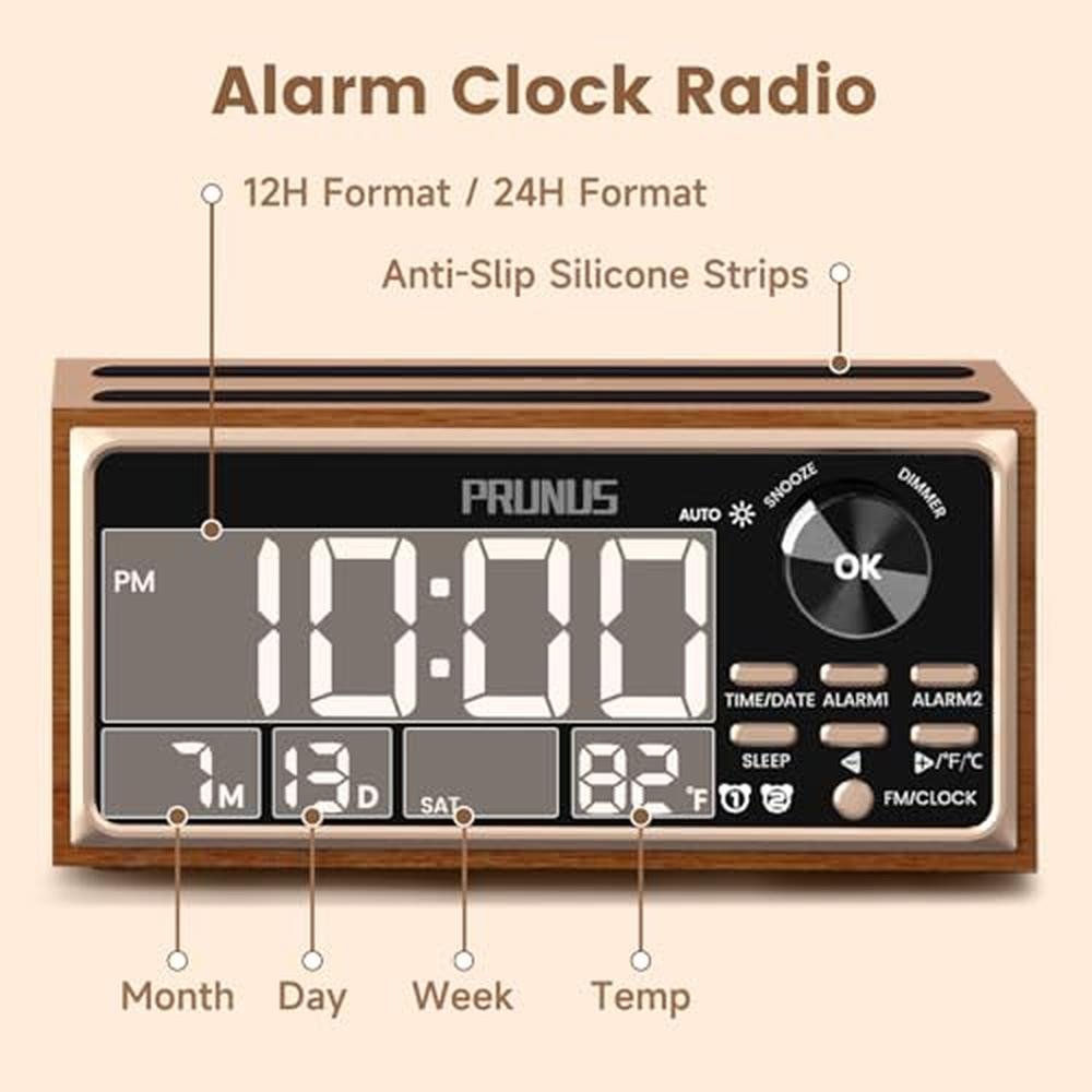 PRUNUS J-177 Retro Vintage Alarm Clock Radio with Fast – Side View