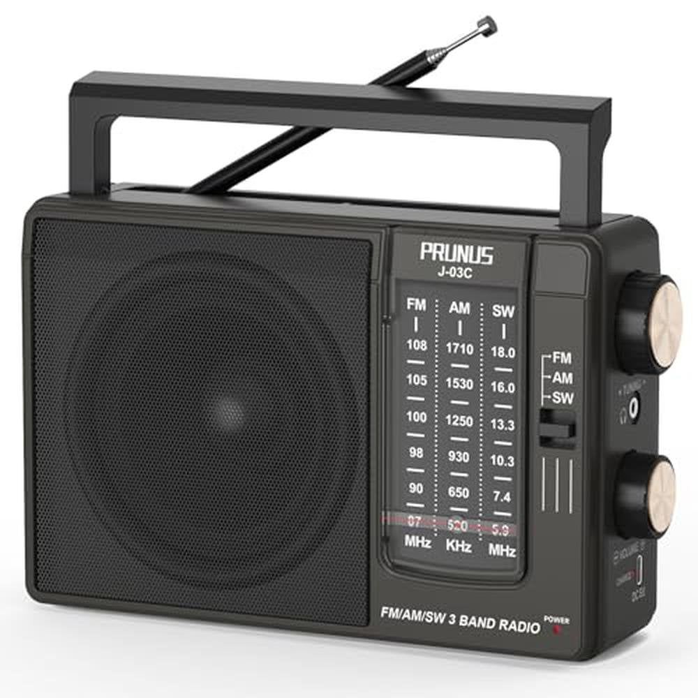 PRUNUS J03C AM FM Radio Portable USB or AA Battery Operated – Front View