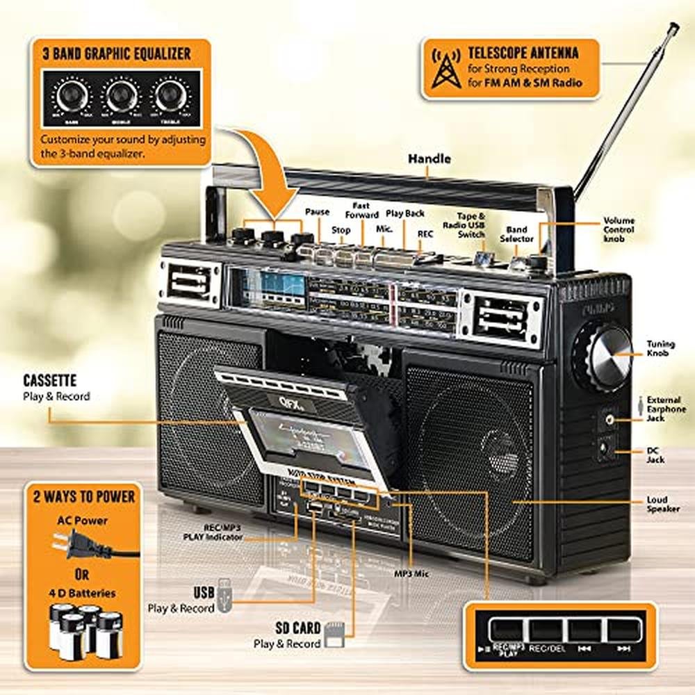 Radio Band: QFX J-220BT Boombox MP3 Conversion from Radio – Close-up Detail