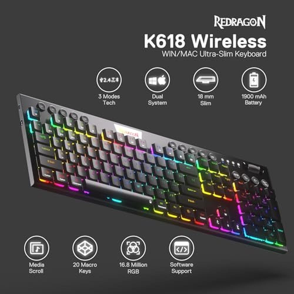 Keyboard Redragon: Redragon K618 PRO 3-Mode Wireless RGB – Side View