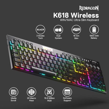 Keyboard Redragon: Redragon K618 PRO 3-Mode Wireless RGB – Side View