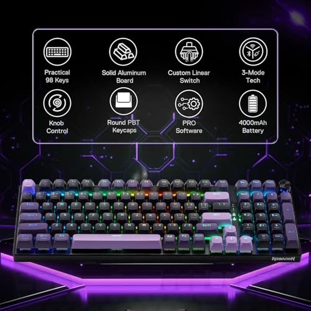 Gaming Keyboard: Redragon K740 PRO 98 Keys Wireless RGB – Side View