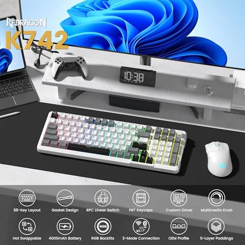 Keyboard White: Redragon K742 Wireless Mechanical Gaming – Side View